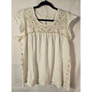 Style & Co XL Embroidered Flutter Sleeve Babydoll Blouse with Beaded Details
